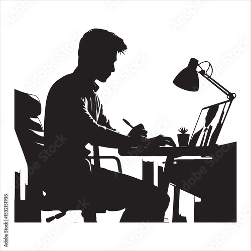 Silhouette of person remote working  ,  vector black color  , solide white colour background 