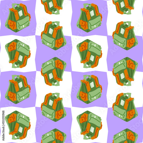Seamless Hiking Backpack Pattern Design. Seamless pattern with green cartoon hiking backpacks on a wavy lilac and white background. Flat style, outdoor adventure theme.