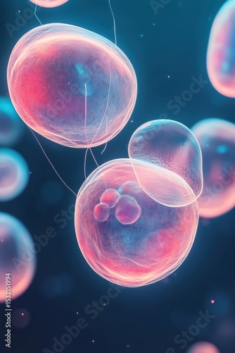 Glowing Cells Float in Dark Fluid. Translucent Spheres with Pink and Blue Interior. Microscopic Organisms with Membrane and Small Dots Inside