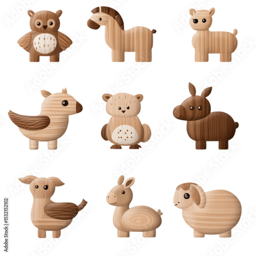 Wooden Animal Toys Collection on isolated transparent cutout PNG Background