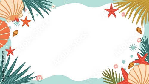 Vibrant summer-themed vector frame with beach elements, starfish, shells, and ocean waves on white background