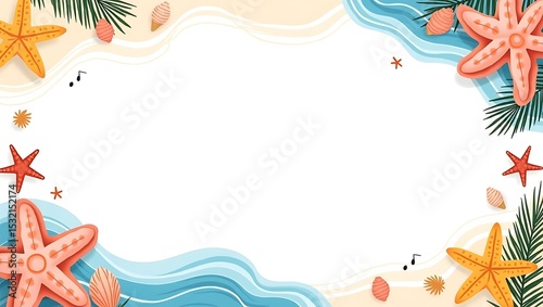 Vibrant summer-themed vector frame with beach elements, starfish, shells, and ocean waves on white background