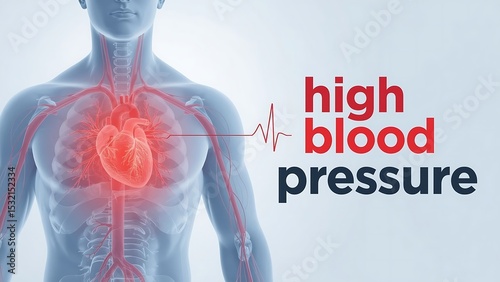 Medical illustration showing effects of high blood pressure on human head, heart, and arteries in anatomical style