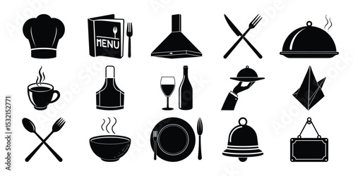 black and white restaurant icons set on a white background