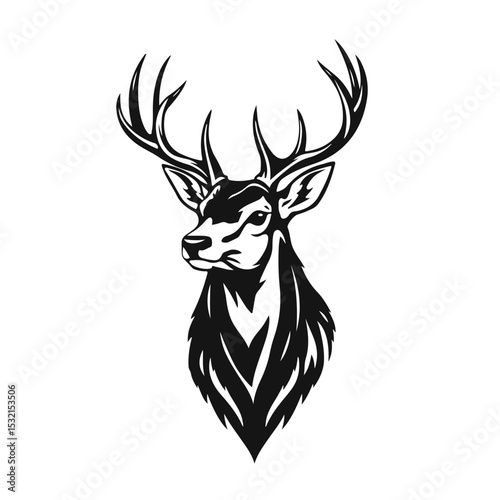 Deer head silhouette with antlers in black and white line art, bold animal profile with strong forest vibe, deer head, deer silhouette, antler art, forest animal, wildlife illustration
