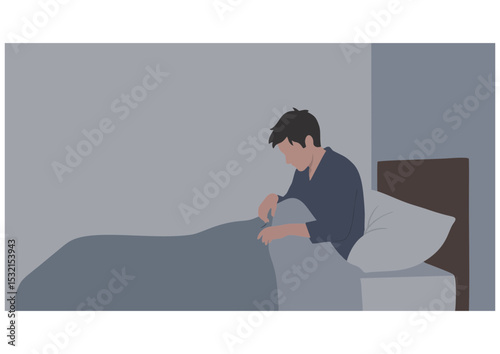 Man going to bed at night, preparing for sleep in a bedroom