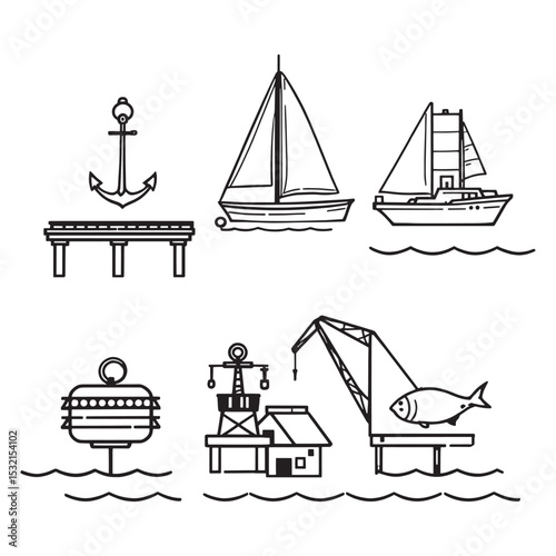 Wharf with Boats and Wooden Dock in Line Art Style