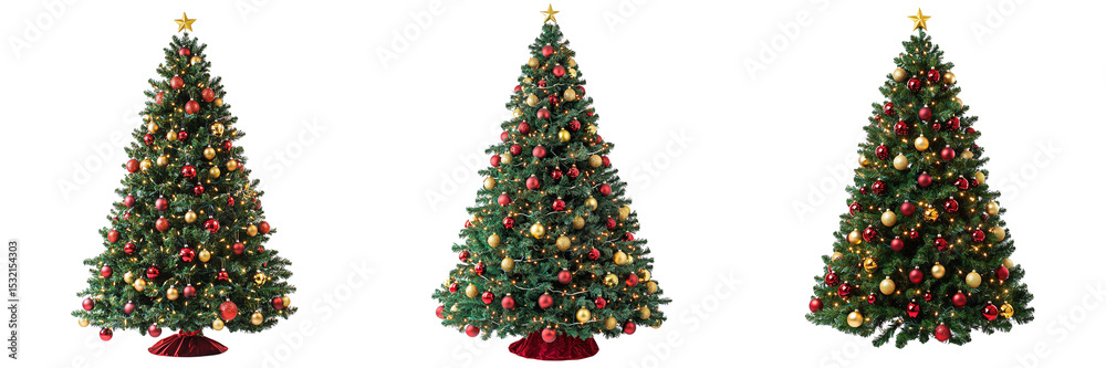 Set of beautiful Christmas trees decorated with balls and lights isolated on transparent background PNG Set of beautiful Christmas trees decorated with balls and lights isolated on transparent background PNG