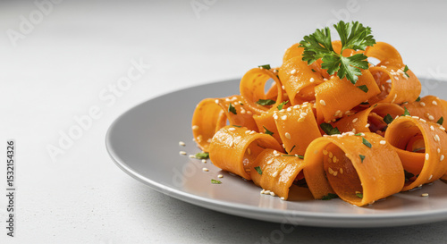Close-up of Rolled Carrot Salad Topped with Sesame Seeds and Parsley on Gray Plate