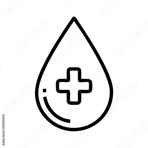Minimalist black outline vector icon of a blood drop with a medical cross, symbolizing donation, healthcare, and medicine in a clean and simple design
