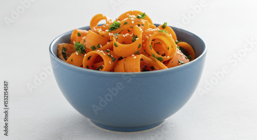 Close-up of Rolled Carrot Salad Topped with Sesame Seeds and Parsley in Blue Bowl