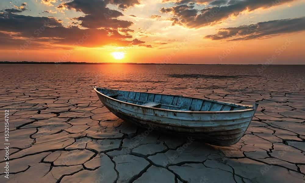A single wooden boat stranded on dry cracked land at sunset, symbolizing climate change, drought, and environmental crisis, 4K high resolution video