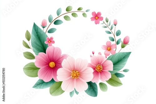 Watercolor Pink and White Flower Wreath with Green Leaves