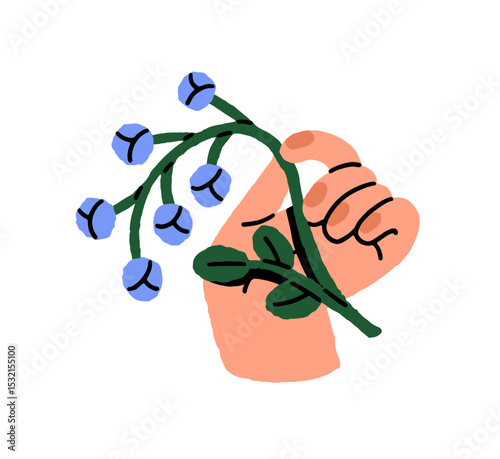 Branch of bluebell in human hand. Person holds twig of wildflower, blooming meadow plant. Floral gift, cut sprig of blue flower, delphinium. Flat isolated vector illustration on white background
