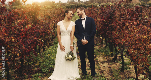 Couple, vineyard and happy at wedding with bouquet, love and excited with commitment in nature. People, bride and groom with flowers, smile and trust with marriage, loyalty and relationship in Italy