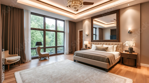 A bedroom with a large bed and a large mirror.