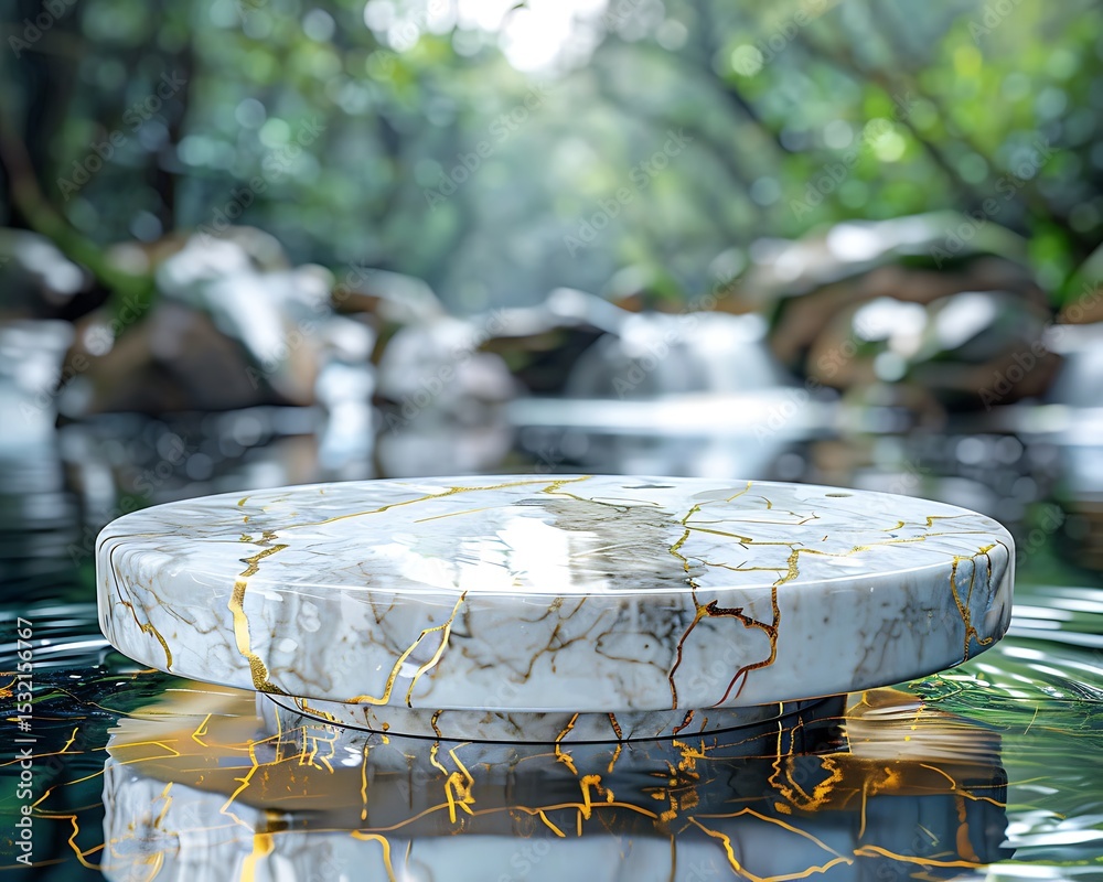 Fototapeta premium Round Marble Pedestal with Gold Veining on Water Lush Green Background