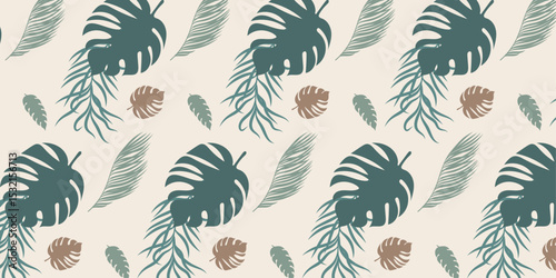 Abstract foliage and botanical seamless summer pattern background. tropical leaves, palm leaf in hand drawn pattern. Exotic background for banner, prints, decor, wall art, fashion or fabric.