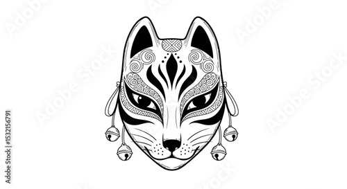 Hand Drawn Japanese Kitsune Mask - Fox Spirit Vector Illustration