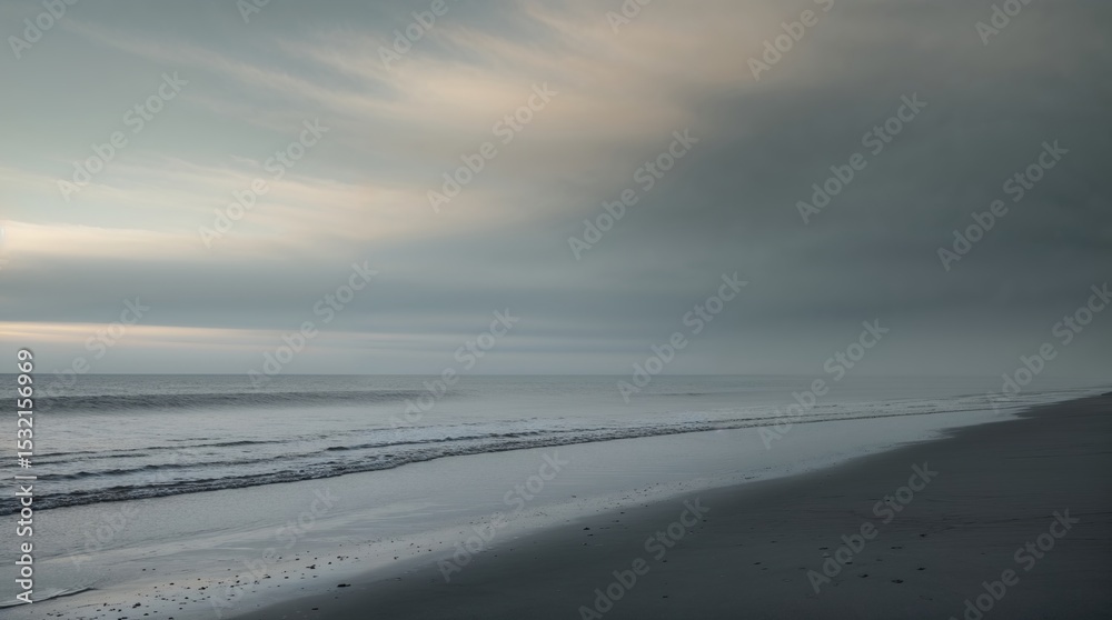 Obraz premium Dark clouds hover over a calm beach during twilight, reflecting a serene yet moody atmosphere