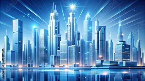 Abstract blue city skyline illustration with urban business buildings and modern architecture design
