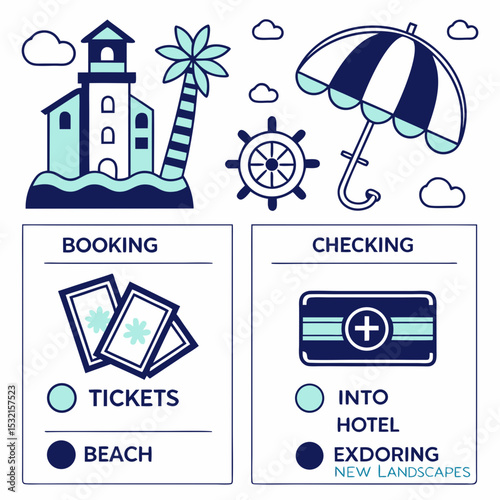 Booking tickets for a beach vacation, checking into a hotel near new landscapes
