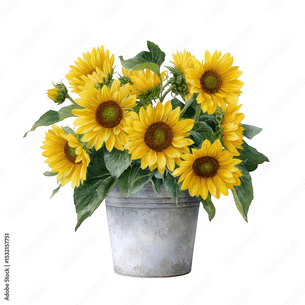 Obraz premium A rustic bucket filled with vibrant yellow sunflowers isolated on a transparent background