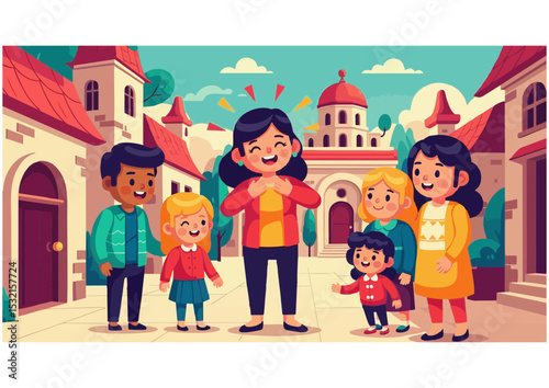 Woman feeling happiness seeing her family in colorful village setting, flat vector style