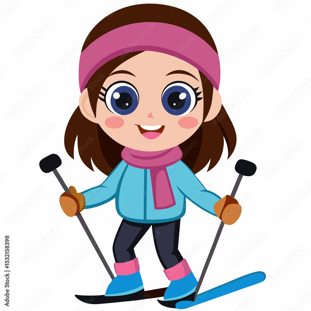 A young girl is skiing down a snowy slope with a pink scarf around her neck A young girl is skiing down a snowy slope with a pink scarf around her neck