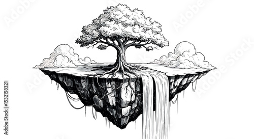 Floating Island with Tree and Waterfall: A mesmerizing black and white drawing of a tree rooted on a floating island with a waterfall cascading down its side, set against a backdrop of clouds.