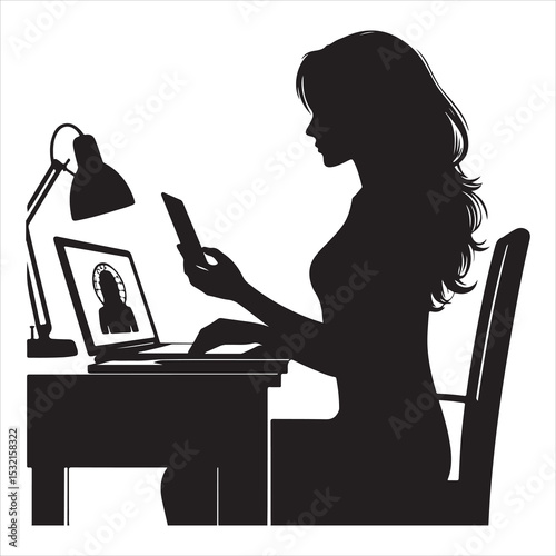 Silhouette of person remote working  ,  vector black color  , solide white colour background 