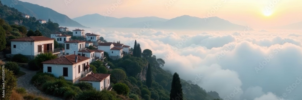 Obraz premium Misty morning shrouds Tivissa's rooftops; valley below visible , valley, buildings