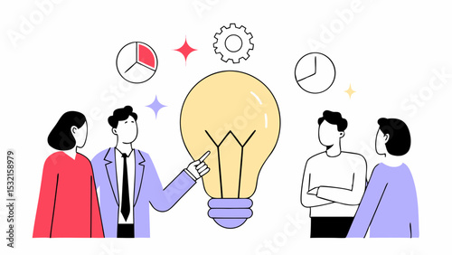 Business Brainstorming and Idea Generation. Teamwork, Strategy, Innovation, Data, Analytics, Project, and Creative Process. Flat Line Illustration.