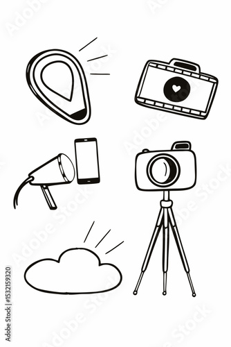 Digital Content Creator and Online Influence Outline Collection. Studio Lighting, Video Production, Mobile Photography, Love, Storage, and Technology Elements. Black and White.