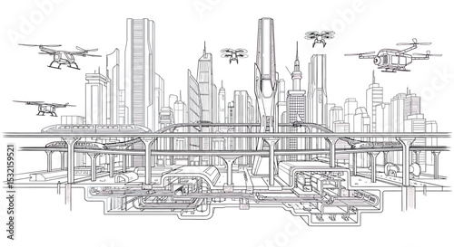 Drone Delivery System in City: Futuristic city skyline with multiple drones delivering packages in a sophisticated delivery system.  