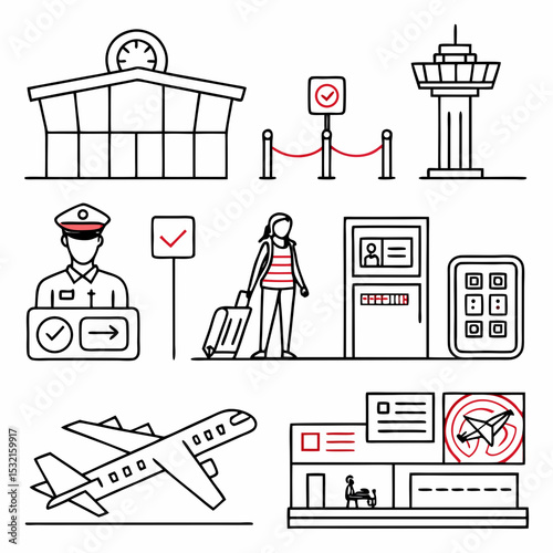 A traveler prepares for takeoff, surrounded by airport icons isolated on white background