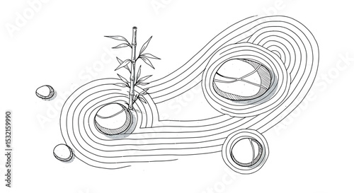 Zen Garden Design: A minimalist line drawing of a serene Zen garden, featuring concentric circles of raked gravel, smooth stones, and a single bamboo shoot. Evokes tranquility and balance.