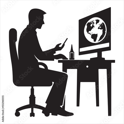 Silhouette of person remote working  ,  vector black color  , solide white colour background 