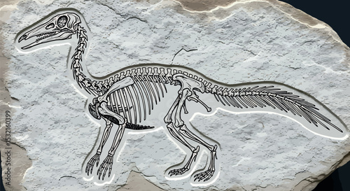 Dinosaur Fossil on Stone: An exceptionally detailed, photorealistic close-up of a fossilized dinosaur skeleton embedded in stone, illuminating the ancient past