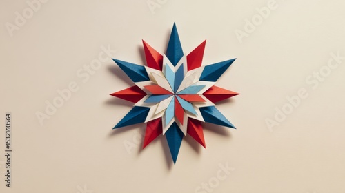 Layered 3D Patriotic Paper Star in Red Blue and White on Minimal Beige Background