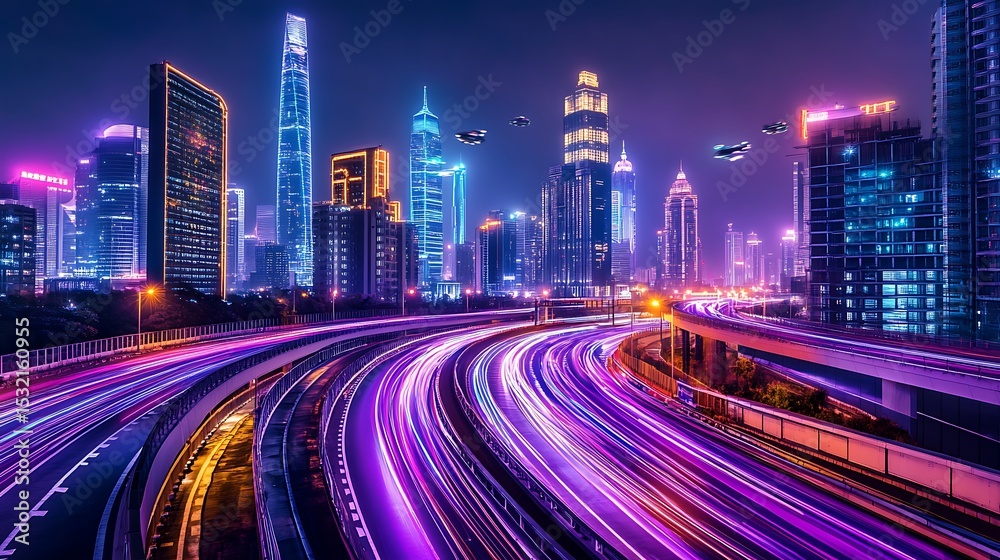 Fototapeta premium Futuristic Cityscape Night Highway Lights Traffic Drone Skyscrapers
