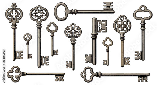 Collection of Antique Keys: Ornate antique keys isolated on a , each possessing a unique and intricate design, unlocking the secrets of the past.