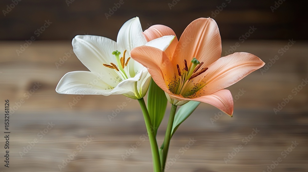 Obraz premium Lilies Flowers in Natural Color on Wooden Background