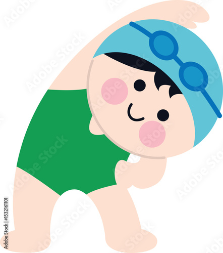 Cute vector illustration of kids in swimsuits stretching or warming up. Perfect for summer camp, swim class, children’s sports, or activity guides. Flat, playful design.