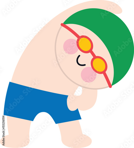 Cute vector illustration of kids in swimsuits stretching or warming up. Perfect for summer camp, swim class, children’s sports, or activity guides. Flat, playful design.