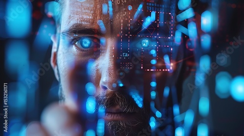 Man's face overlaid with futuristic blue and red digital interface close up