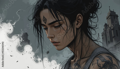 Melancholy Gaze: A portrait of a woman, capturing her in a moment of deep contemplation, with her eyes cast down, an aura of quiet and reflective. 