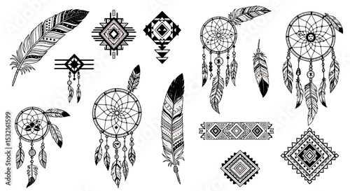 Dreamcatcher and Feather Ornaments: Hand-drawn ornaments featuring dreamcatchers and feathers.