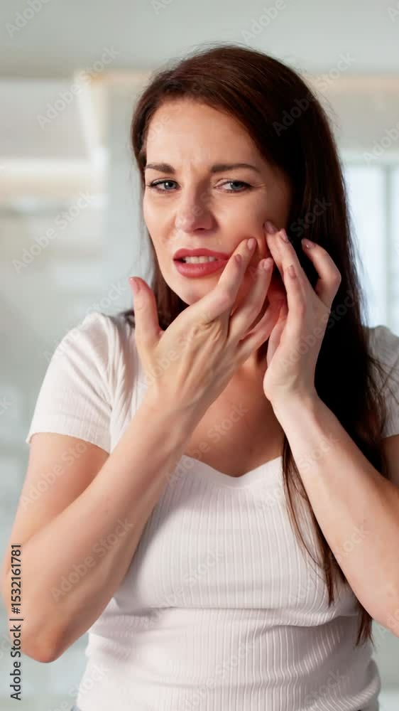 Woman Looking In Mirror At Skin Problem Woman Looking In Mirror At Skin Problem