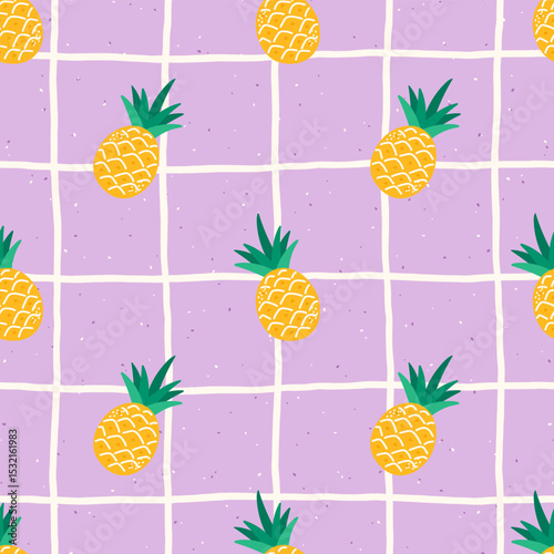 Vector Seamless kawaii pattern with minimalistic yellow pineapples and tropical leaves — perfect for children’s clothing, summer textiles, and nursery decor